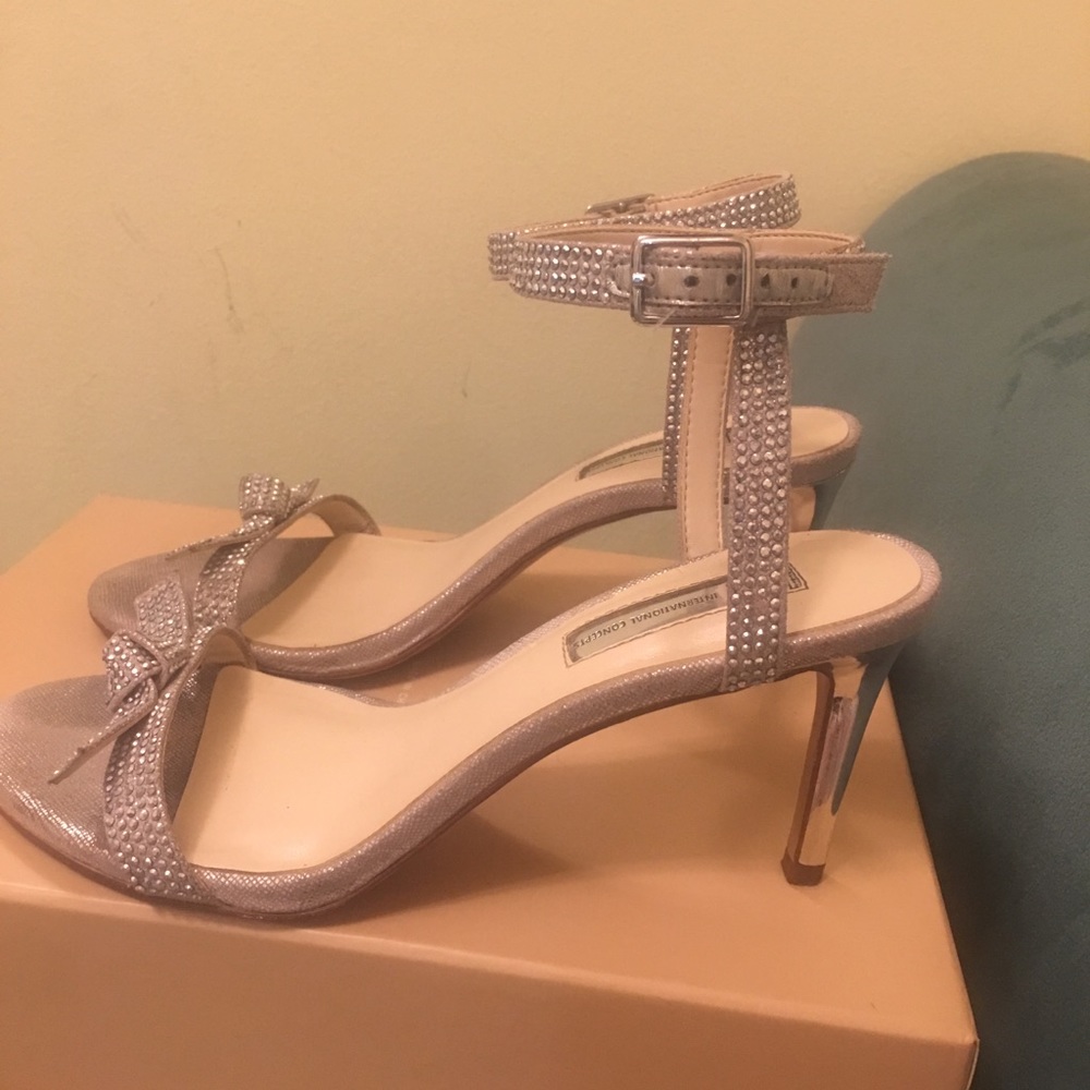 Silver evening shoes.